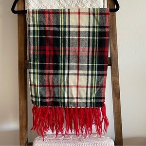 Vintage black, red, cream, green & yellow plaid scarf with red fringe detailing